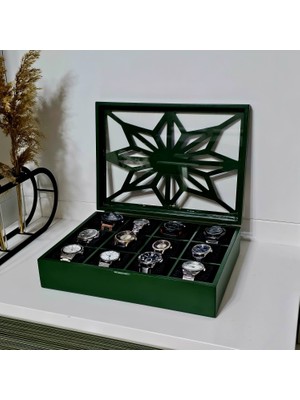 Tekir Store Ahşap 12 Bölmeli Saat Kutusu Dekoratif Yeşil Saat Aksesuar Saklama Kutusu Organizer