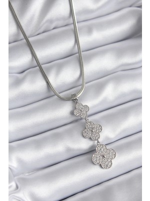Shopwave 316L Çelik Gümüş Renk Italyan Zincir Zirkon Taşı Yonca Model Kadın Kolye - TJ-BKO8152