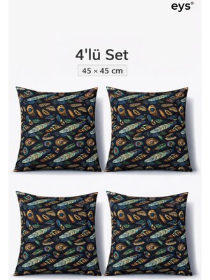 Eys Dijital Baskılı Çift Taraflı Pamuklu Kırlent Kılıfı – Gizli Fermuarlı, Astarlı (45×45 Cm) 4'lü Set