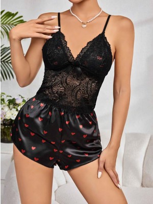 Giyim Kadın Siyah Kırmızı Kalp Desenli Saten Şort Pijama Takımı 2232 Beruflic