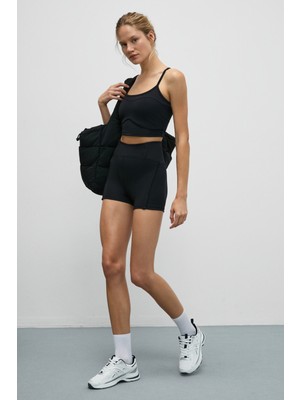 Urban Beat Flıntra Kadın Yumuşak ve Esnek Dokulu Biyeli Karyoka Dikişli Baskı Detaylı Kısa Siyah Tayt