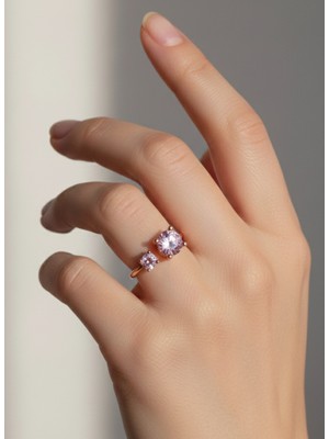 925 Ayar Gümüş Gold Rose Pembe Zirkon Tek Taş Ayarlı Trend Kadın Yüzük Sevgililer Günü Hediye