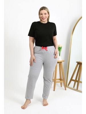 İbrahim Burak Etiler Collection Moda Çizgi Kadın Pamuklu Büyük Beden Alt Pijama 27557 Gri