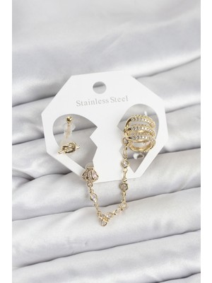 Marsilyan Pirinç Gold Renk Sarmal Model Zincir Bağlantılı Ear Cuff Küpe Seti
