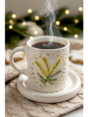 Sarı Kokina Amore 24 K Altın Süslemeli El Yapımı Yılbaşı Hediyesi Seramik Double Kahve Fincan Takımı