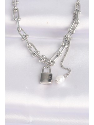 Shopwave 316L Çelik Zincir Gümüş Renk Zincirli Love Yazılı Kilit Kolye - TJ-BKO8633