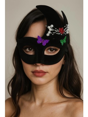 Tiklad Siyah Renk Incili Taşlı Süet Kaplama Venedik Parti Maskesi 20X22 cm TİKLAD-8789