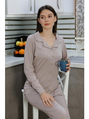 İbrahim Burak Etiler Collection Moda Çizgi Kadın Pamuk Penye Önden Düğmeli Uzun Kol Pijama Takım Vizon 2783