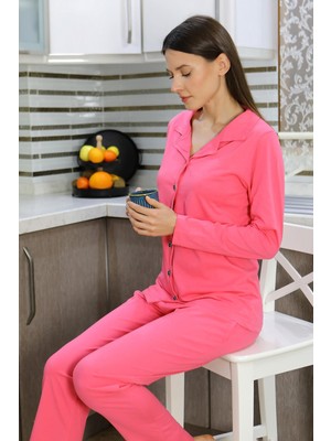 İbrahim Burak Etiler Collection Moda Çizgi Kadın Pamuk Penye Önden Düğmeli Uzun Kol Pijama Takım Pembe 2783