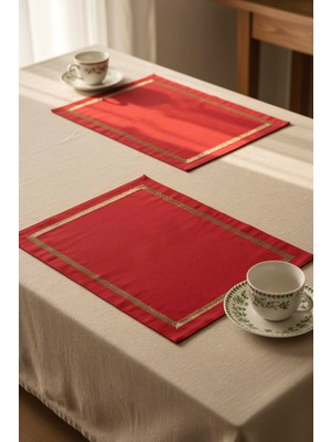 Kırmızı Gold Çerçeve Nakışlı 2'li Amerikan Servis Seti