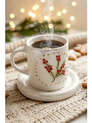 Kırmızı Kokina Amore 24 K Altın Süslemeli El Yapımı Yılbaşı Hediyesi Seramik Double Kahve Fincan Takımı