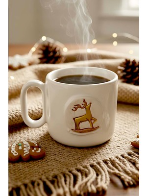 Geyik Amore 24 K Altın Süslemeli El Yapımı Yılbaşı Hediyesi Seramik Double Kahve Fincanı, Mug, Kupa
