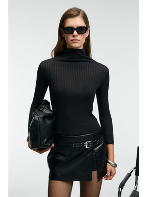 Grimelange Neloura Kadın Balıkçı Yaka Esnek Kumaşlı Siyah Bluz