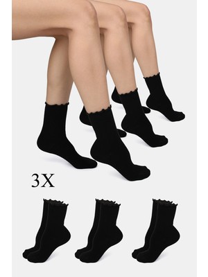 ERENART Bambu Kadın Lastiksiz Siyah Fırfırlı Soket Dikişsiz Çorap 3'lü Paket Iz Bırakmaz Sıkmayan Çorap