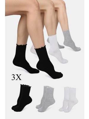 ERENART Bambu Kadın Lastiksiz Beyaz Siyah Gri Fırfırlı Soket Dikişsiz Çorap 3'lü Paket Iz Bırakmaz Sıkmayan Çorap