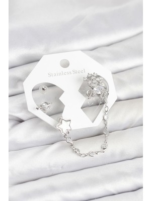 Marsilyan Pirinç Gümüş Renk Yıldız Model Zincir Bağlantılı Ear Cuff Küpe Seti