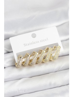 Marsilyan 316L Çelik Gold Renk Zirkon Taşlı Damla Halka Küpe Seti