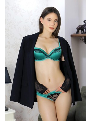 İbrahim Burak Etiler Collection Moda Çizgi Kadın Destekli Dantel Detaylı Sütyen Takım 3603 Yeşil