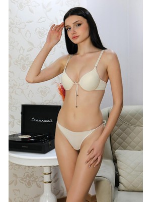 İbrahim Burak Etiler Collection Moda Çizgi Kadın Destekli Ipli Önden Açılır Sütyen Takım 3594 Ten