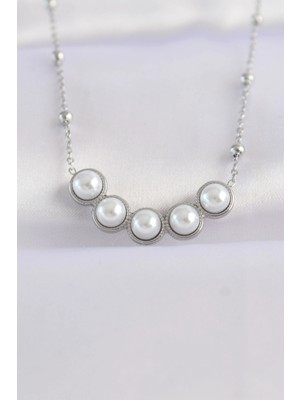 Shopwave 316L Çelik Zincir Gümüş Renk Sıralı Inci Taşlı Kolye - TJ-BKO8654