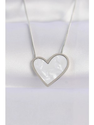 Shopwave 316L Çelik Zincir Gümüş Renk Mermer Desenli Kalp Kolye - TJ-BKO8656