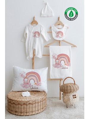 Lilabio %100 Organik Isme Özel Isimli 6lı Hastane Çıkışı Tulum Set Balerin Tavşan