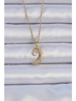 Shopwave 316L Çelik Zincir Altın Renk Zirkon Taşlı Sallantılı Ay Yıldız Kolye - TJ-BKO9061