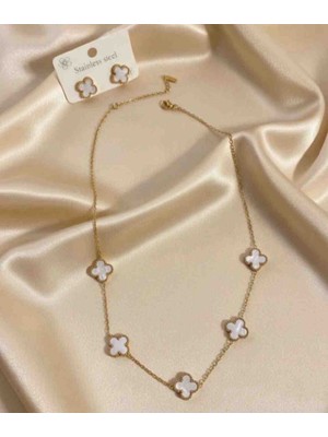 Güneş Takı Gold Beyaz Büyük Boy Yonca Çelik Kolye Küpe Set