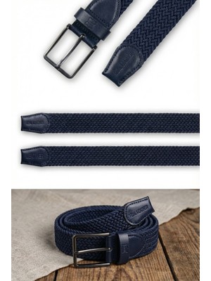 Atlas Deri Lacivert - Hakiki Deri Erkek Örgü Esnek Kemer – 3,5cm