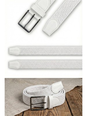 Atlas Deri Beyaz - Hakiki Deri Erkek Örgü Esnek Kemer – 3,5cm