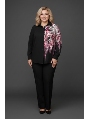 Büyük Beden Leopar Detaylı Ön Panelli Gömlek Şık ve Rahat Kesim