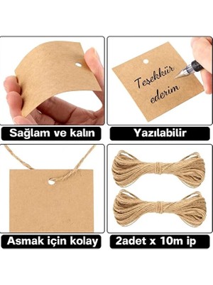 Naturevo 100 Adet Kare Hediye Paketleme ve Ürün Etiketleri 20 Metre Jüt Ip