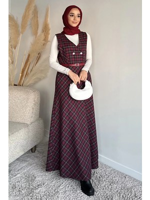 Julude Ekose Desenli Kemerli Tesettür Jile Elbise P-00020206