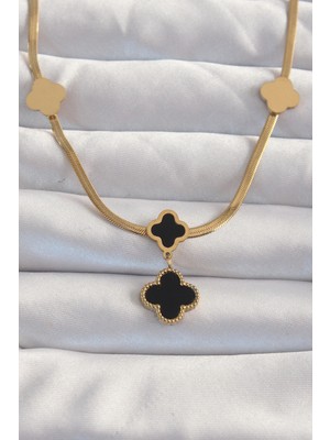 Shopwave 316L Çelik Gold Renk Italyan Zincirli Mineli Yonca Kolye - TJ-BKO8969