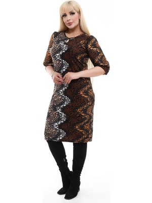 Mooi XXL Kadın Kahve Taş Desen Damla Yaka Balon Kol Büyük Beden Esnek Süet Elbise