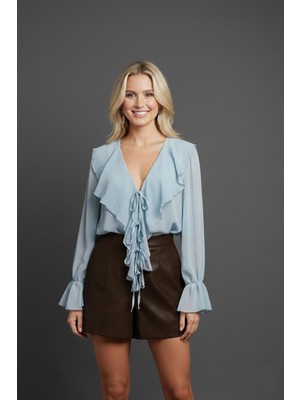 Lizaa Moda Kadın Yüksek Bel Deri Görünümlü Şort Kahverengi