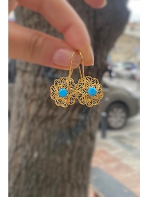 Erer Gümüş Gümüş Telkari Mavi Taşlı Gül Anne Küpesi TK23E238