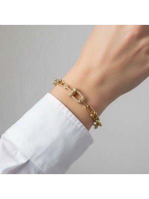 PIEDORA GOLD 14 Ayar Altın Taşlı Kilit Detaylı Uzun Dikdörtgen Zincir Kadın Bileklik