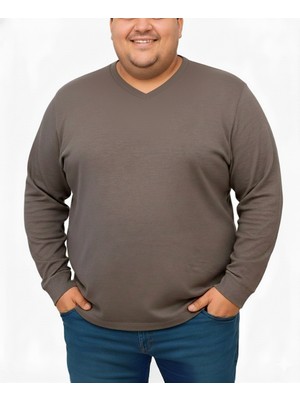 Sngl Erkek Büyük Beden Oversize Uzun Kollu V Yaka T-Shirt 3xl 4xl 5xl 6xl 7xl 8xl 9xl