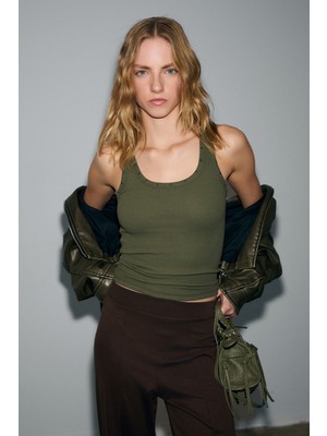 Grimelange Lıllesol Starlıt Kadın Yumuşak ve Esnek Kumaşlı Organik Pamuklu Taşlı Haki Atlet