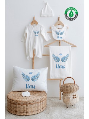 Lilabio %100 Organik Isme Özel Isimli 6lı Hastane Çıkışı Tulum Set Mavi Kanat