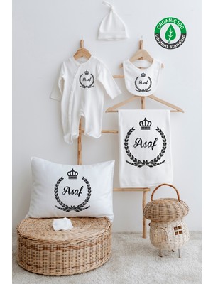 Lilabio %100 Organik Isme Özel Isimli 6lı Hastane Çıkışı Tulum Set Siyah Çelenk