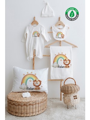 Lilabio %100 Organik Isme Özel Isimli 6lı Hastane Çıkışı Tulum Set Gökkuşağı Aslan