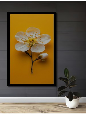 Sarı Fonlu Beyaz Çiçek Yağlı Boya Görünümlü Ahşap Antre,salon,ofis,mutfak Tablo Çerçeve Görünümlü