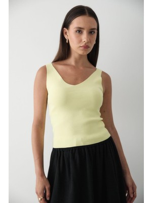 Jaste Kadın Kolsuz Kalın Askılı Kalp Yaka Triko Atlet SARI