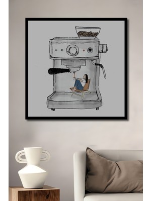 Yağlı Boya Görünümlü Kadın Kahve Makinesi Ahşap Ev,antre,salon,ofis,mutfak Tablo Çerçeve Görünümlü