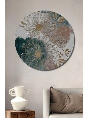 Büyülü Altın Çiçek Tasarımlı Sulu Boya Görünümlü Ahşap Dekoratif Tablo Yuvarlak Duvar Tablosu