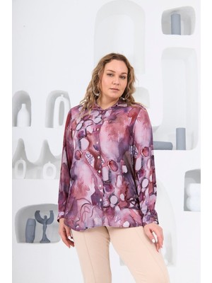 Rmg Desenli Mürdüm Büyük Beden Gömlek