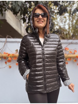 Denizege Butik Italyan Çift Taraflı Kısa Mont Parlak Siyah