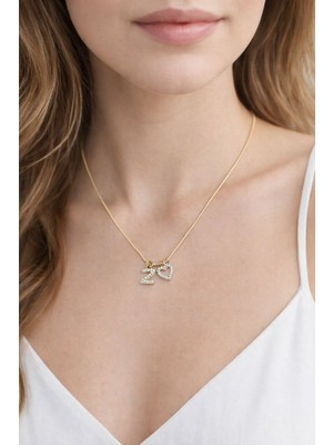 Fiora Aksesuar Kişiselleştirilebilir / Kişiye Özel Kalp ve Harfi Zirkon Taşlı Çelik Kaplamalı Zincirli Kolye